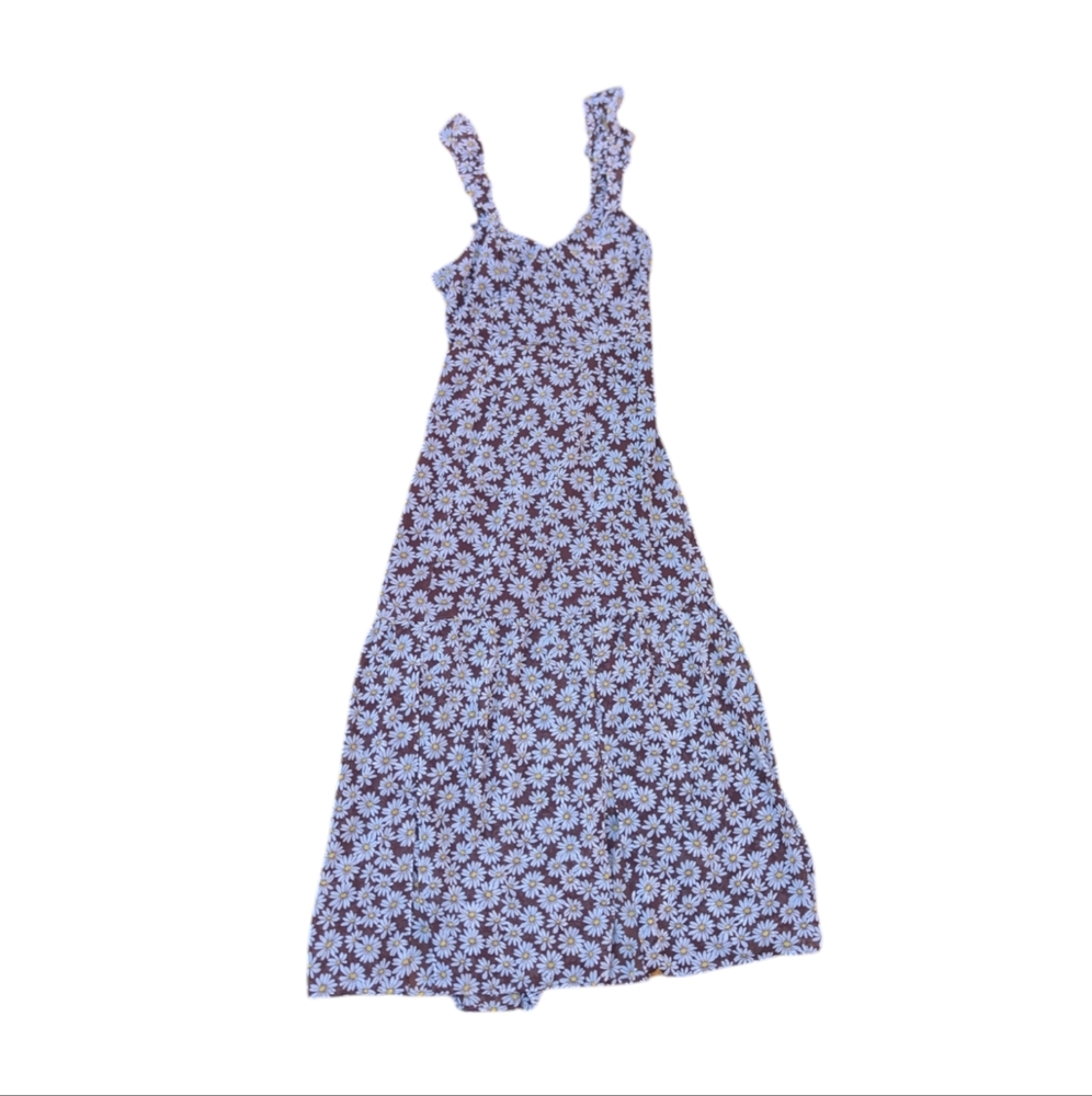 NWT Floral Daisy Print White and Brown Frilly Maxi Dress, Sleeveless Slit Size M
